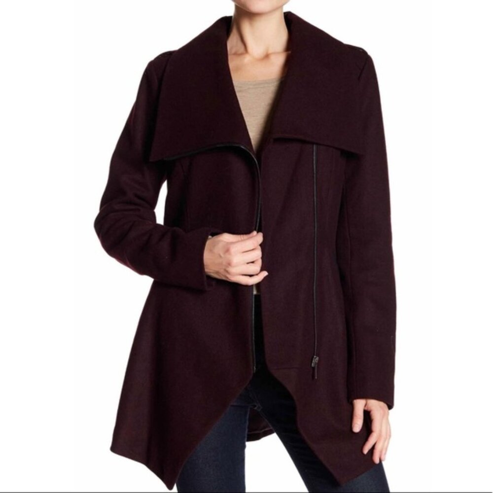 French Connection Tulip Hem Asymmetrical Hem Wool Blend Coat in Wine